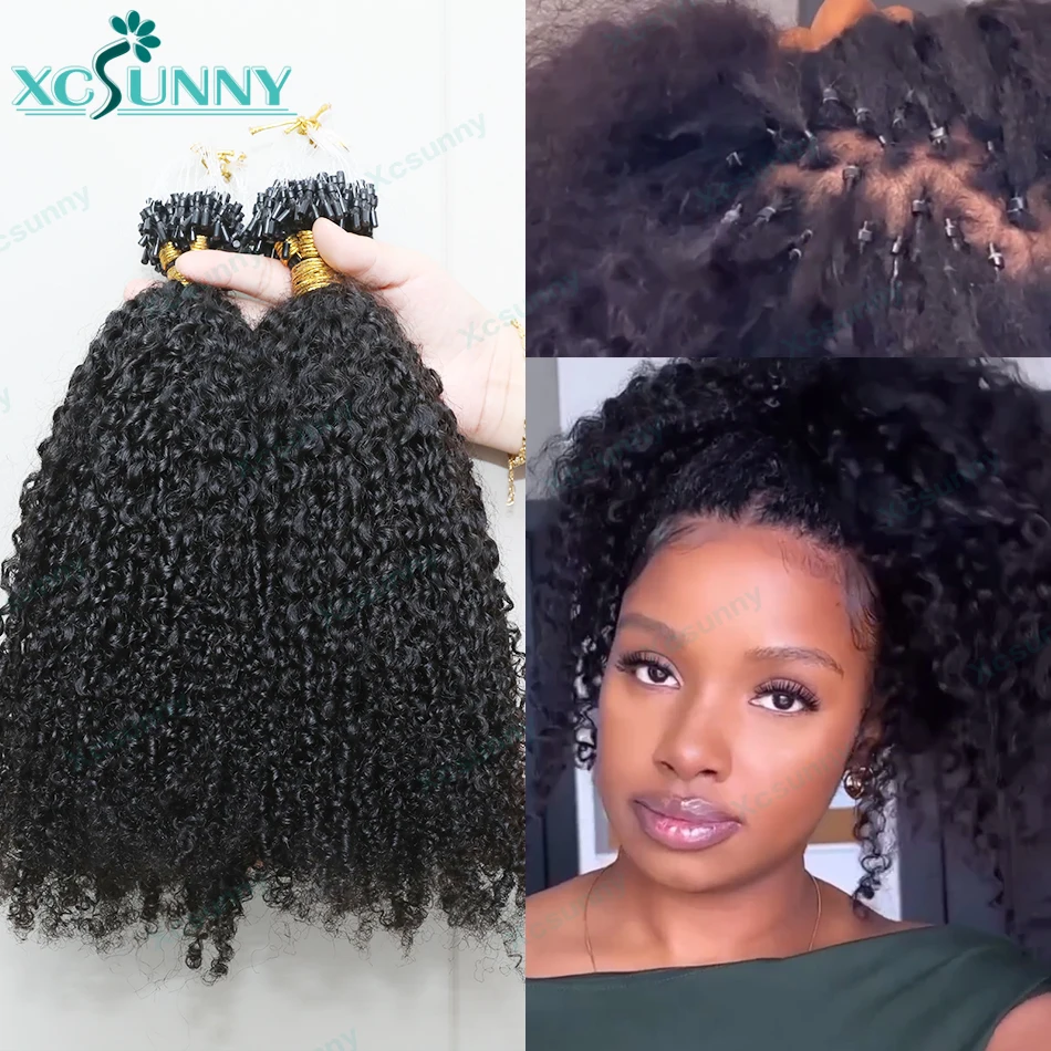 Micro Ring Loop Kinky Curly Extensions para mulheres negras, birmanês Microlink Hair Extensions, 4C, Wholesale