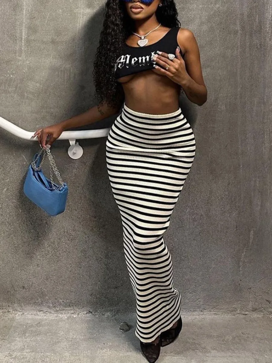 

LW Summer Fashion Skirt Sets Crop Top Letter Print Striped Skirt Set sleeveless crop top + maxi skirt sets Slim Bohemian Outfits