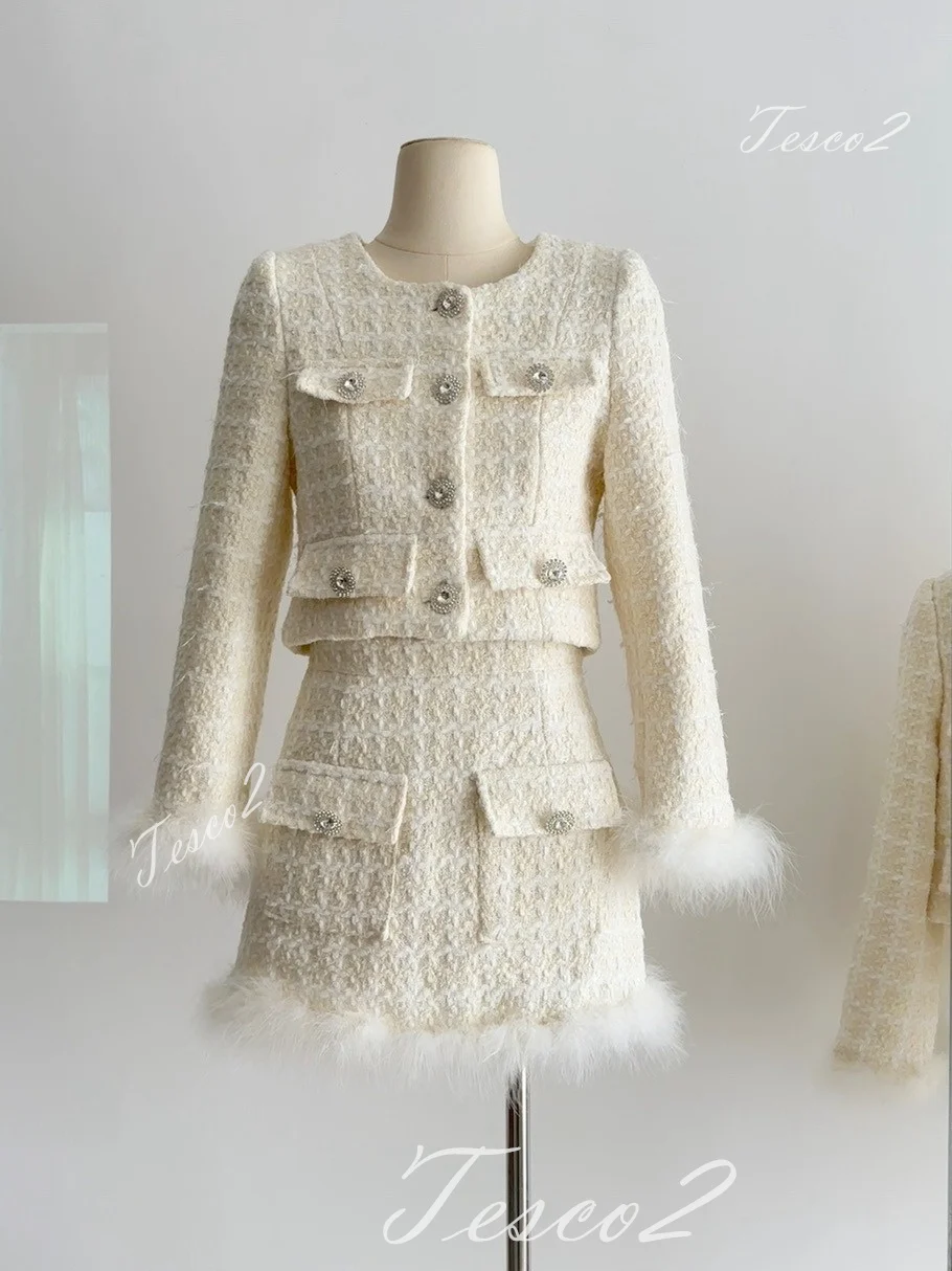 Tesco White Women Skirt Sets Short Blazer And Skirt With Feather Chic Tweed Women Suit Sets For Party For Women 2024 Spring