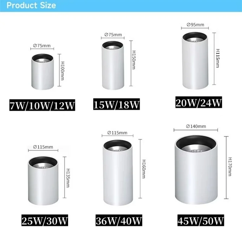 표면 장착형 LED COB 스팟 조명 7W-50W 디밍 가능 다운라이트 화이트 블랙 알루미늄 천장 조명 IP44 36 ° 60 ° 홈 호텔용
