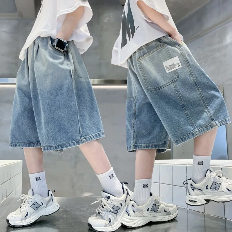UNITIM 어린이 소년 데님 반바지 여름 얇은 그라데이션 주니어 소년 반바지 편지 주머니 4-14Yrs Handsome Boy Shorts Kids Shorts