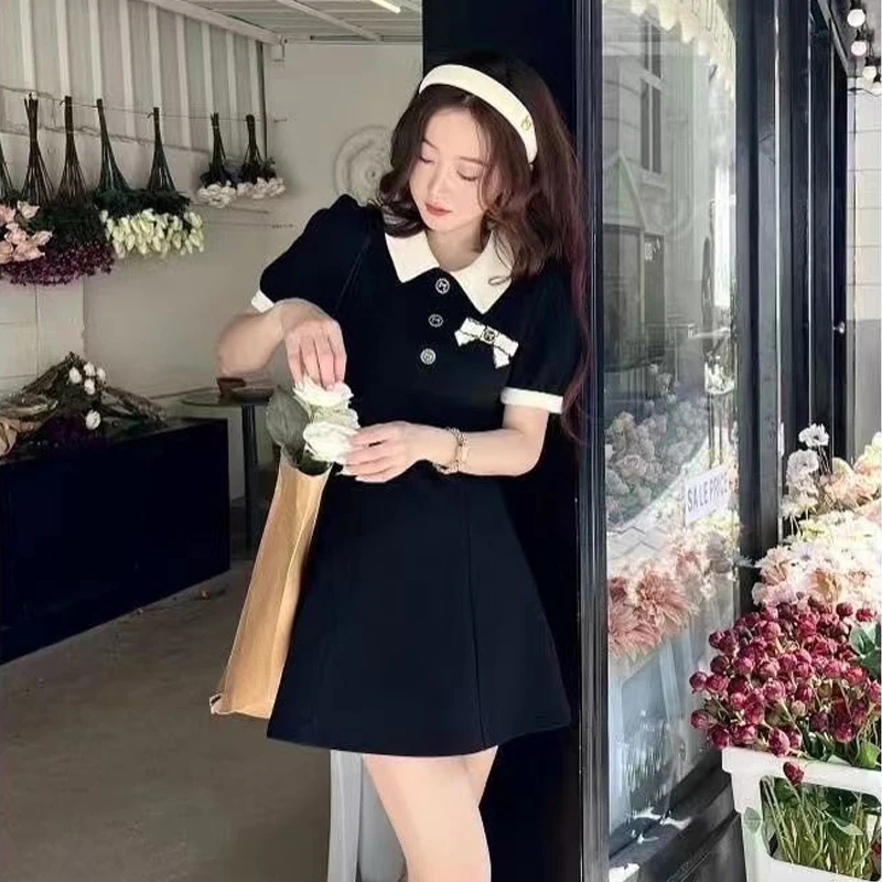 Contrast Color One Pieces Korea Bow Polo Dresses For Women