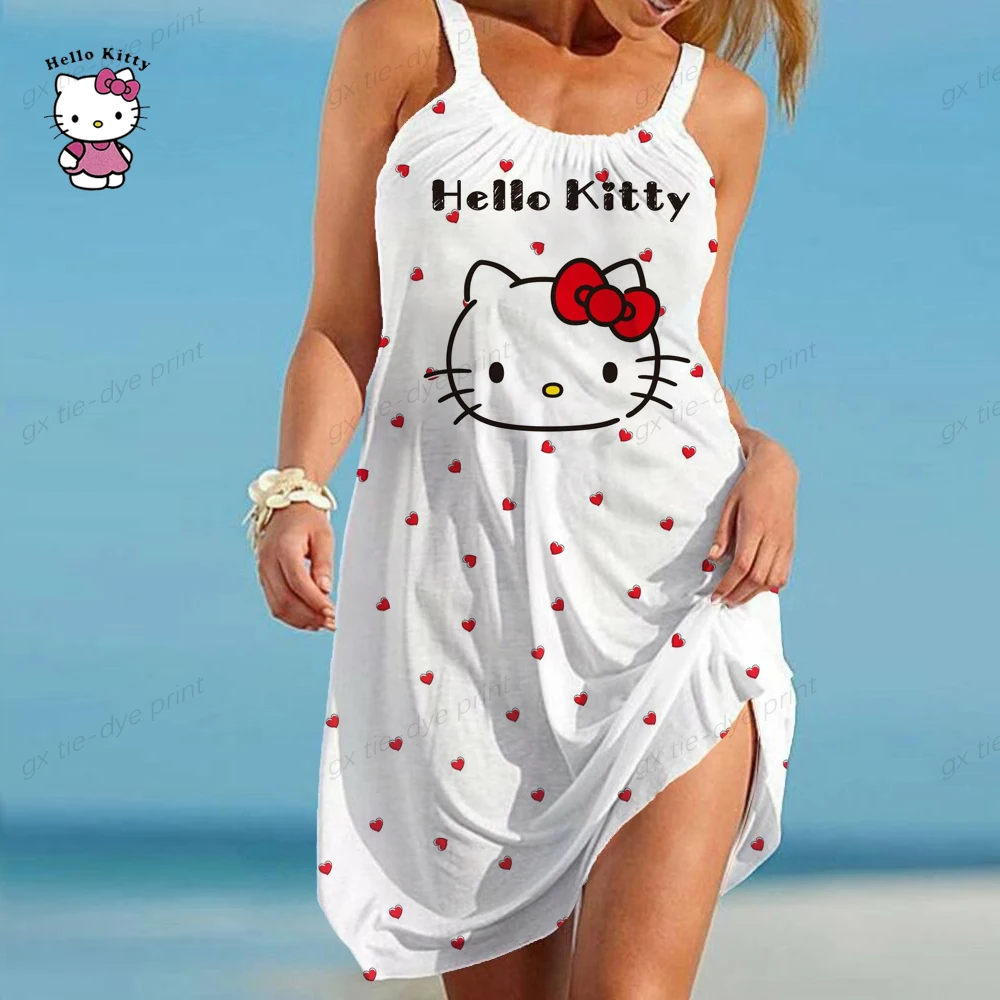 

Hello Kitty Printing Summer Dress for Women 2023 Hello Kitty Print Backless Camisole Sexy Dresses Sleeveless Casual O Neck Dress