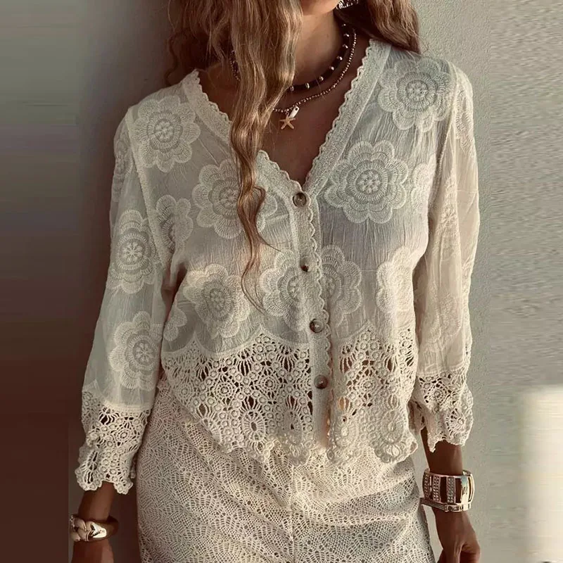 

Women Elegant Embroidery Jacquard V-neck Loose Blouse Office Fashion Single-breasted Solid Tops Casual Long Sleeve Shirts Blusa