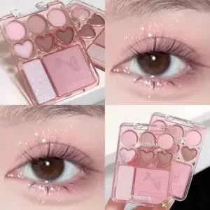 Heart-shaped 8-color eyeshadow tray with blush highlight - matte, glitter, high-gloss effect - pink, berry, brown, tone 2