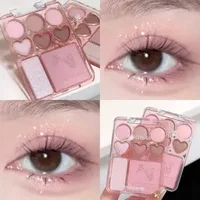 Heart-shaped 8-color eyeshadow tray with blush highlight - matte, glitter, high-gloss effect - pink, berry, brown, tone 2
