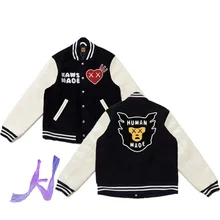 

Human Made Women's Cartoon Avatar Mask Monster Retro Leather Sleeve Loose Baseball Jackets for men