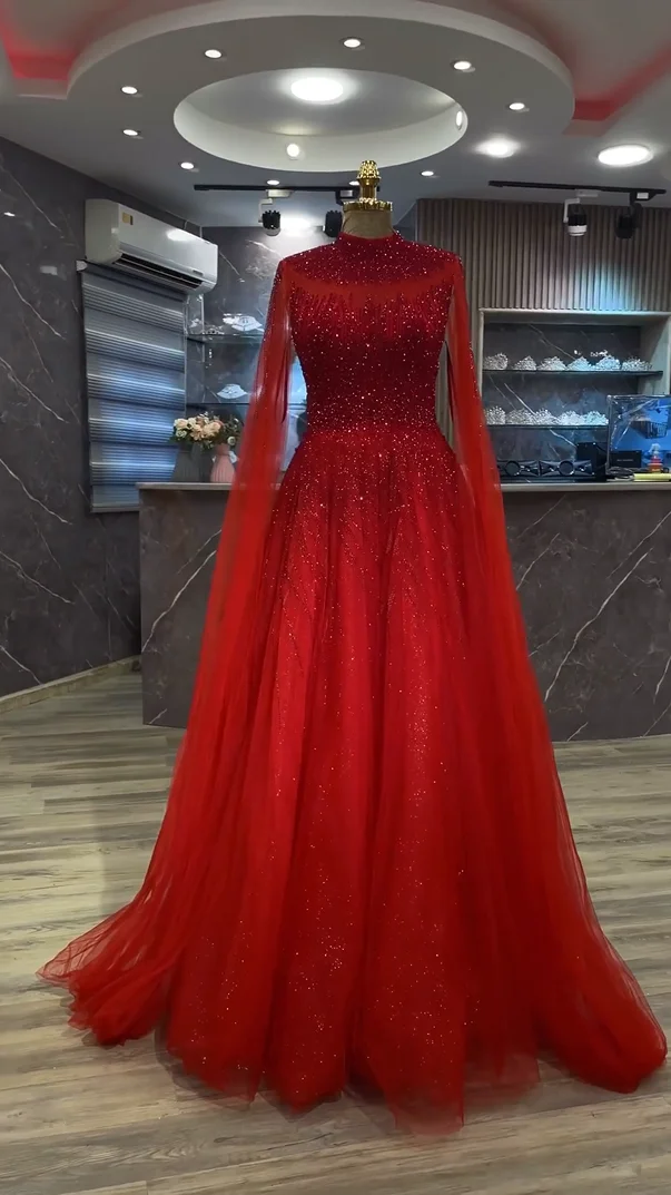 FATAPAESE Arabic Sparking Stone Gems Embellishments that Adorn Red Dress Long Sleeves For Formal Occasion