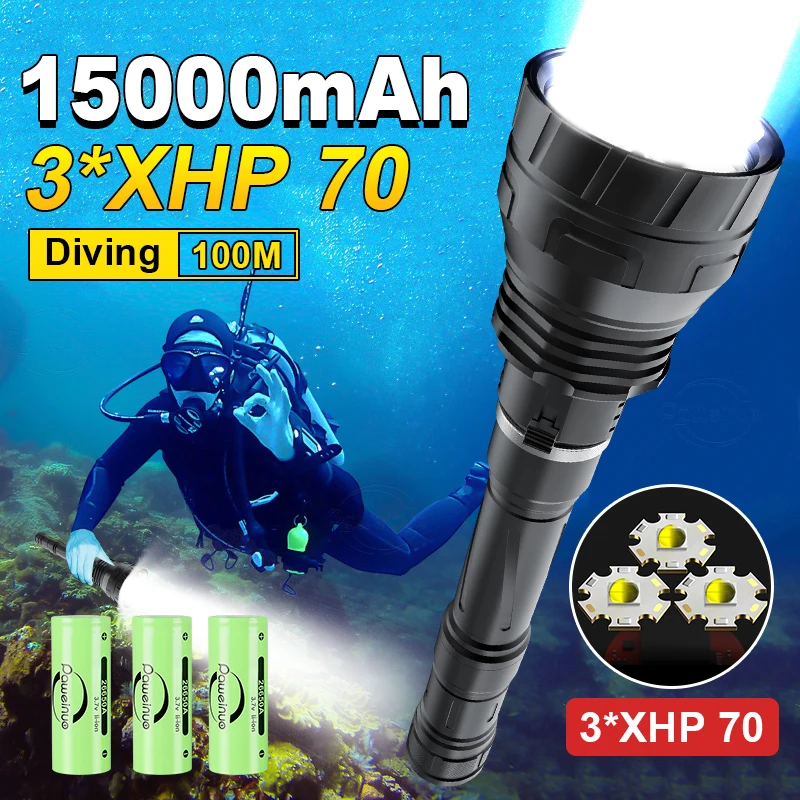 15000mAH Diving Flashlight 3*XHP70 LED Professional Scuba Lantern IPX8 Underwater 100M Hunting Torch