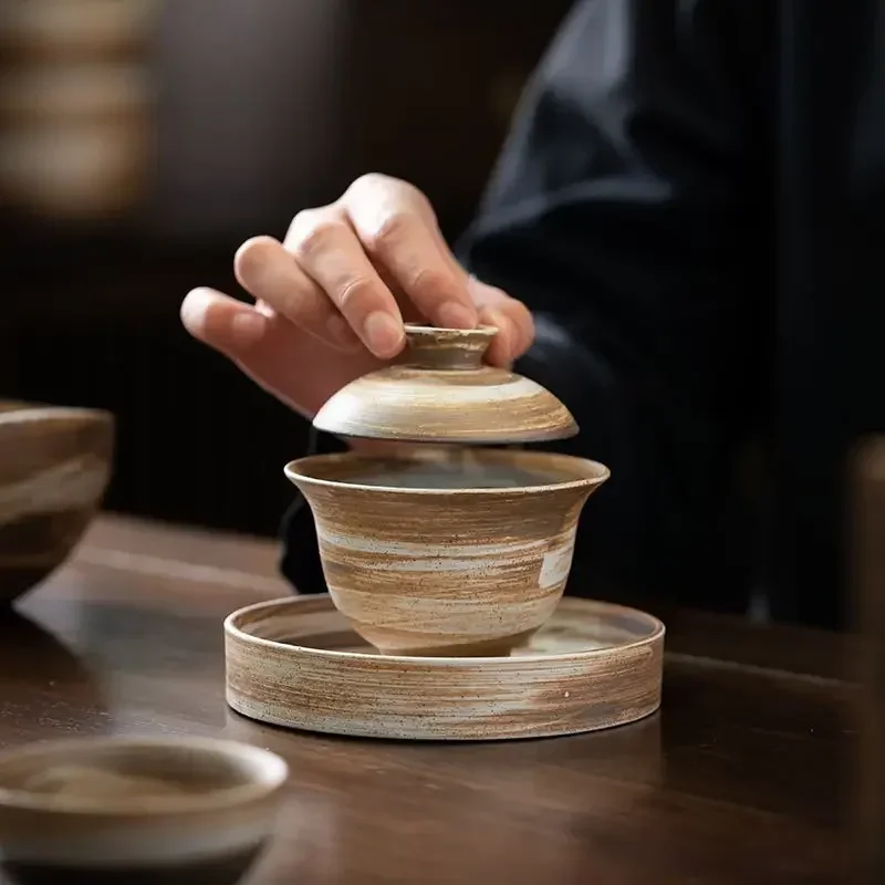 Ceramic Gaiwan Creative Kung Fu Tea Set Tea Bowl Zen Coarse Pottery Hand Brushed Glaze Tea Cup Chinese Gaiwan Tea Tureen