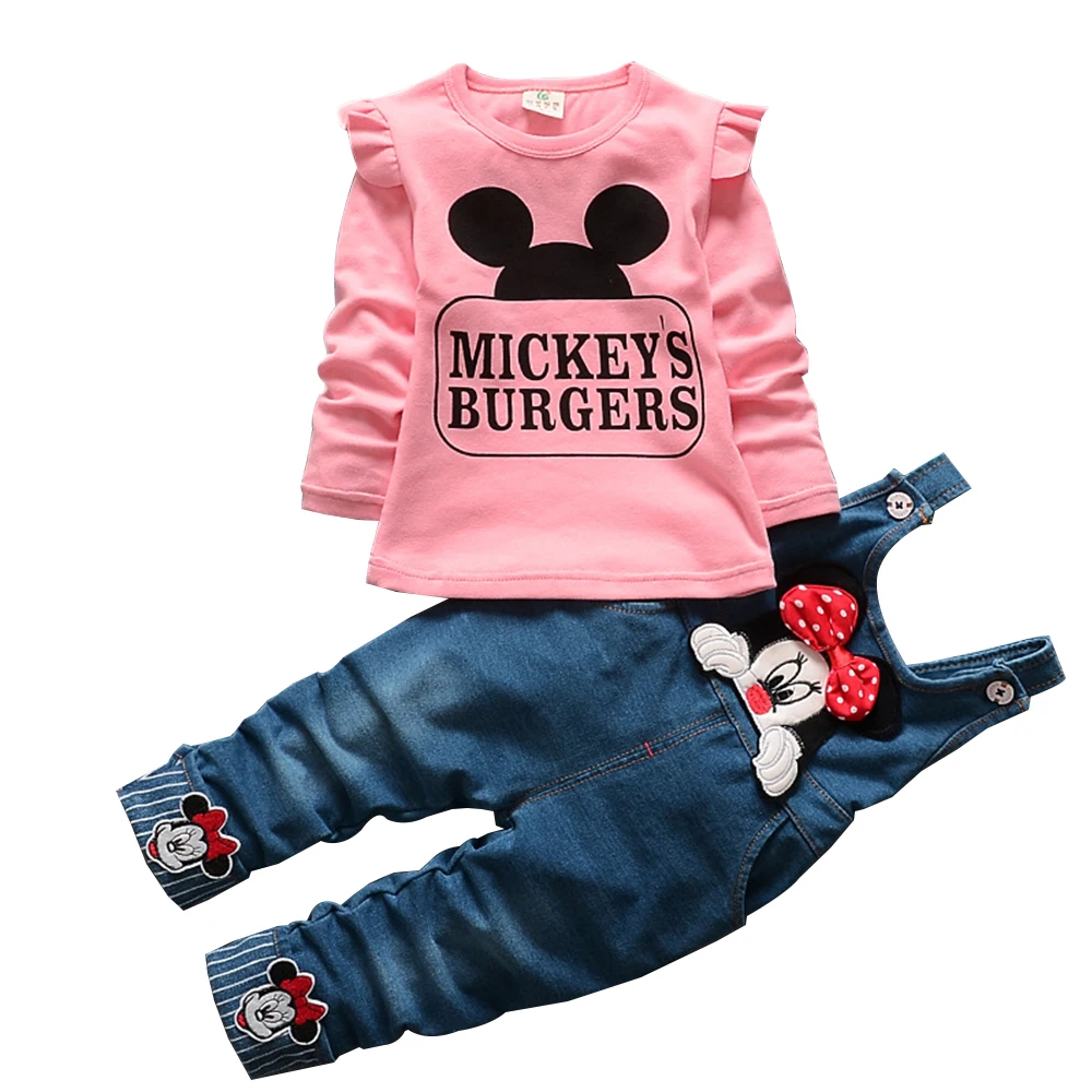 Conjunto de ropa de 2 piezas para niños, mono de manga larga de Minnie Mouse de Disney, color Beige, trajes informales de 1 a 4 años, otoño