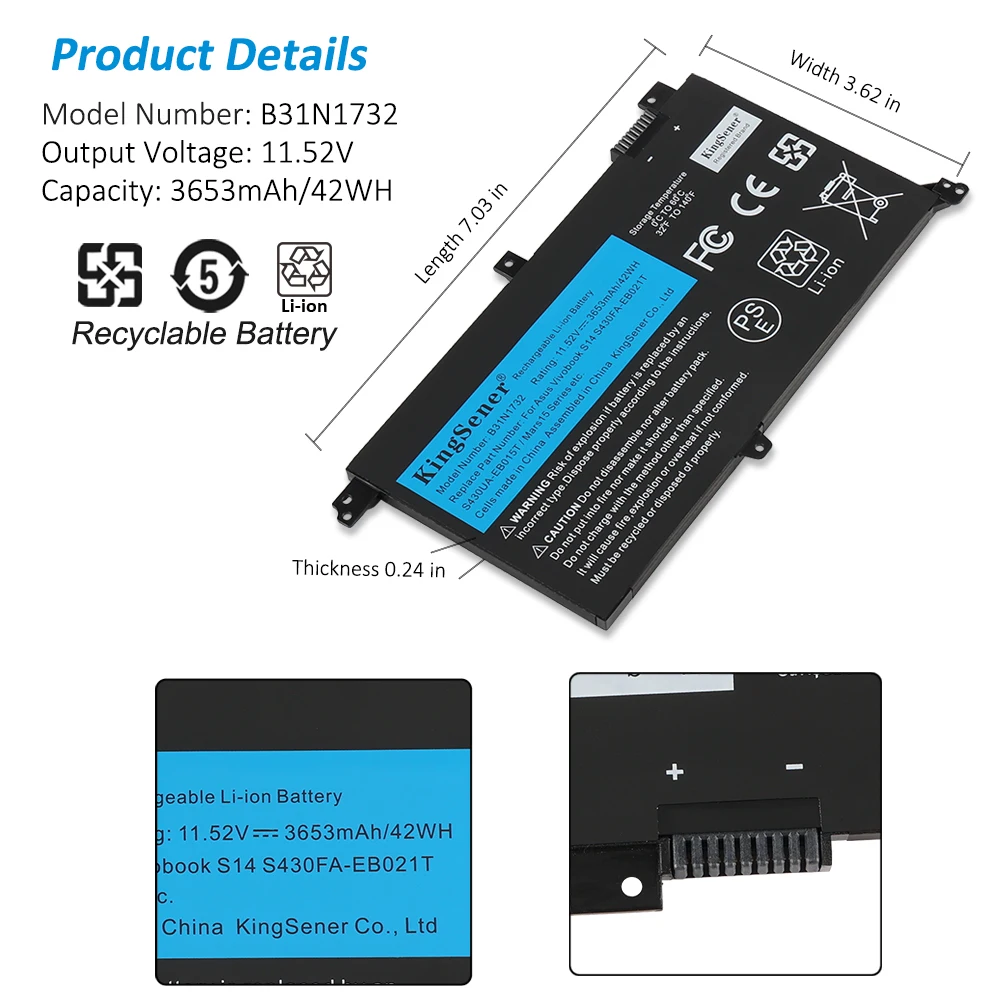 Kingsener-bateria do Portátil para Asus Vivobook B31n1732 X430ua X430uf X430un X430fa X430fn X571g X571lh X571gt 11.52v 42wh - Imagem 2