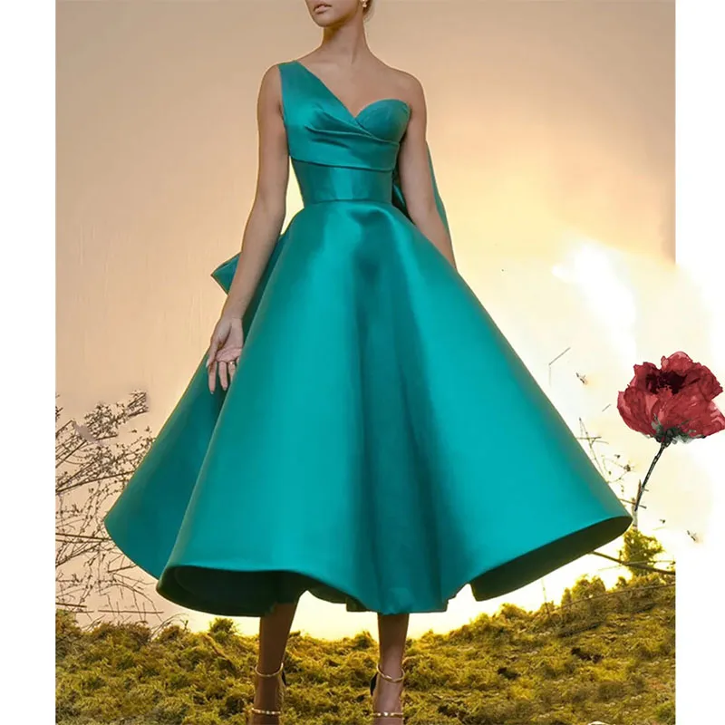 

Vintage Short Satin Prom Dresses Tea Length 2024 One Shoulder A-Line Homecoming Dress With Bow Sexy Evening Gowns