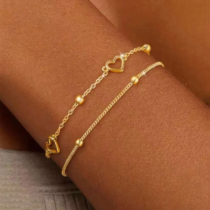 2 Stück geschichtete Schlangenketten-Armbänder für Frauen, zierliche vergoldete Herz-Accessoires, Handkette, Schmuck für Freundin, Geschenk
