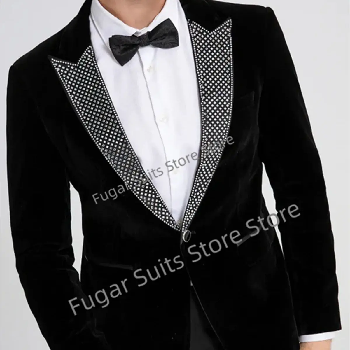 Luxury Rhinestone Velvet Black Elegant Suits For Men Slim Fit Peak Lapel Groom Tuxedos 2 Pcs Business Male Blazer Costume Homme