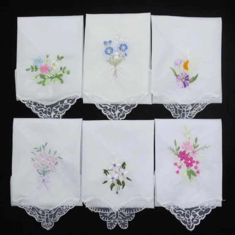 3PCS Fashion Cotton Women Hankies Embroidered Lace Flower Hanky Floral Random Color Cloth Ladies Handkerchief Fabrics gift