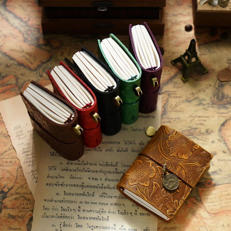 Genuine Leather Mini Journal A9 size Handmade Retro Diary Sketchbook Planner Cute Travel Notebook with 2 Sets of Inner Papers leather notebook