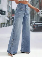 Plus Size Spliced Button Denim Straight Wide Leg Jeans Pockets High Waist Vintage Women Denim Jeans Casual Streetwear Trousers - Image 2