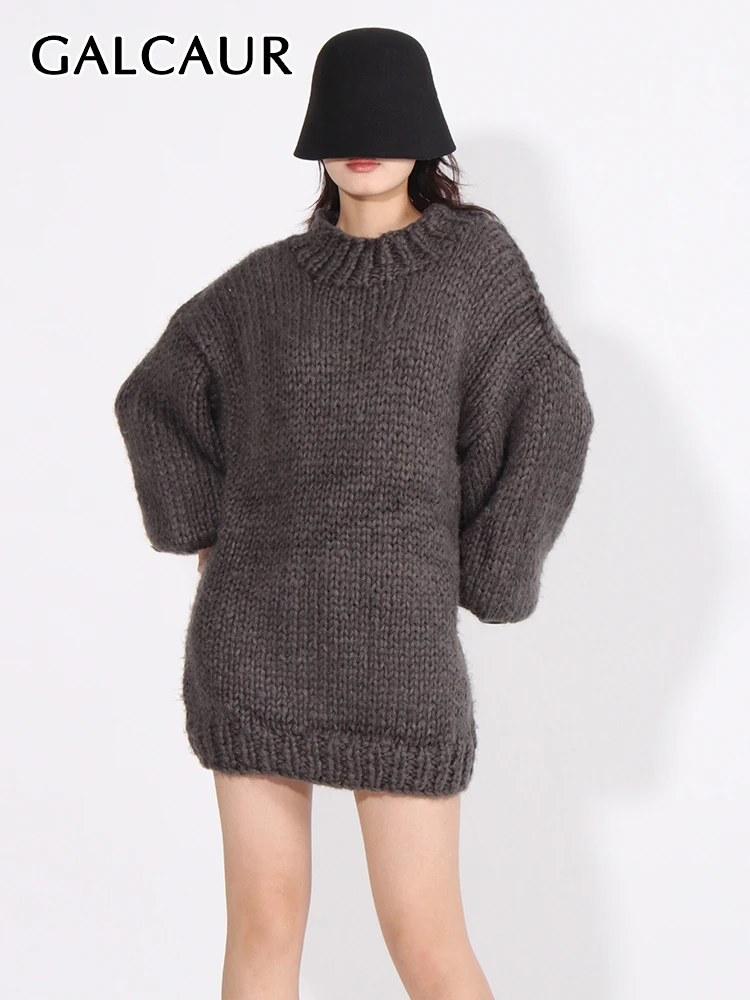 

GALCAUR Minimalist Casual Loose Pullover Sweaters For Women Round Neck Lantern Sleeve Autumn Solid Fashion Knit Sweater Female