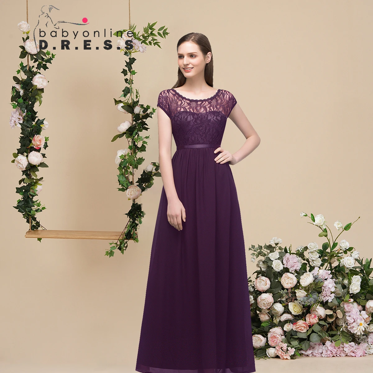 

BABYONLINE Lace Shoulder Bridesmaid Dress A Short Sleeved Chiffon dDress with An embellished Lace Shoulder Special Occasion Form