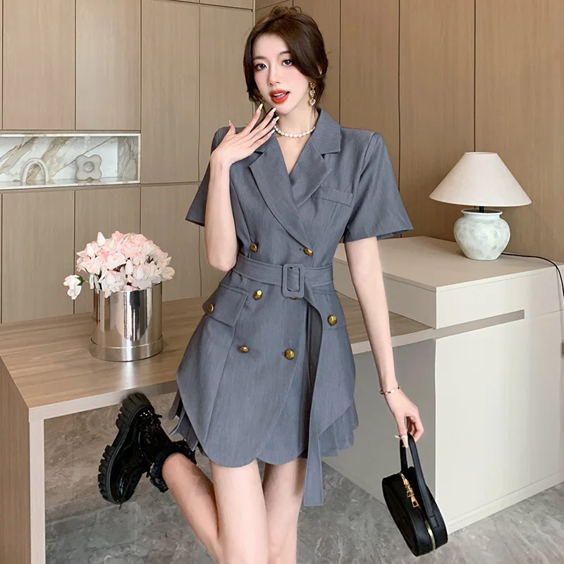 

Temperament Dress 2024 Spring/Summer New Celebrity Slim Fit Polo Collar Waist Wrapped Suit Pleated
