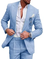 Light Blue/Beige Linen Wedding Men Suit Casual Single Breasted Slim Fit Blazer Pants High Quality Summer 2 Piece Costume Homme 1