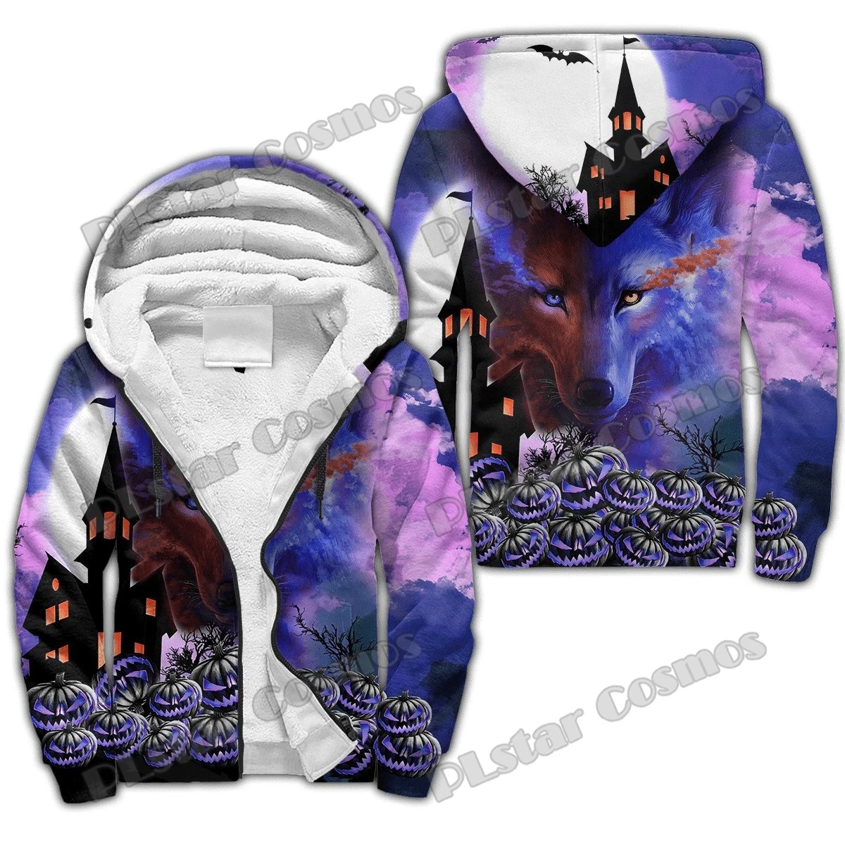 Halloween Wolf Witch Pattern 3D Printed Fleece Zip-Up Hoodies For Men Women Winter Casual Thick Warm Hooded zipper jacket JR18