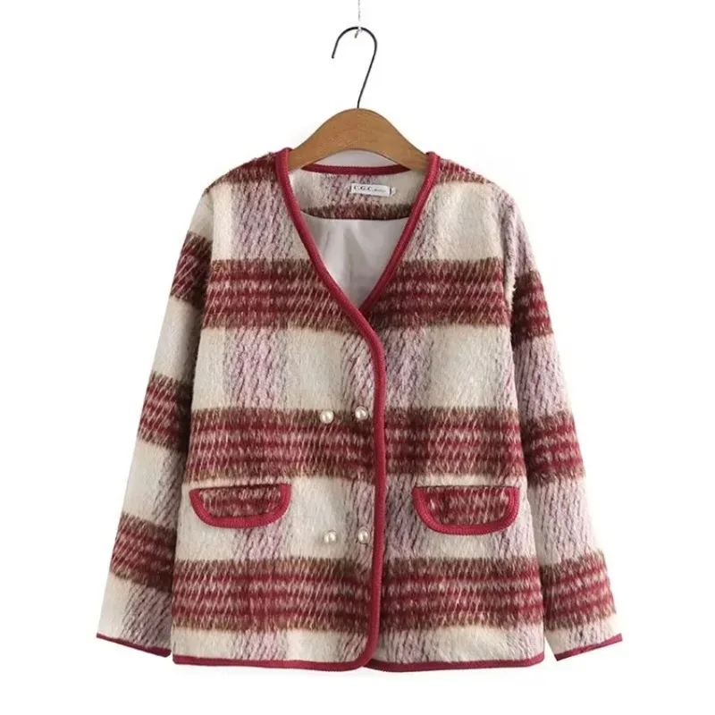

Plus Size XL-4XL Women's V-neck Button Up Autumn Winter Jackets Fashion Long Sleeved Plaid Vintage Female Outerwear