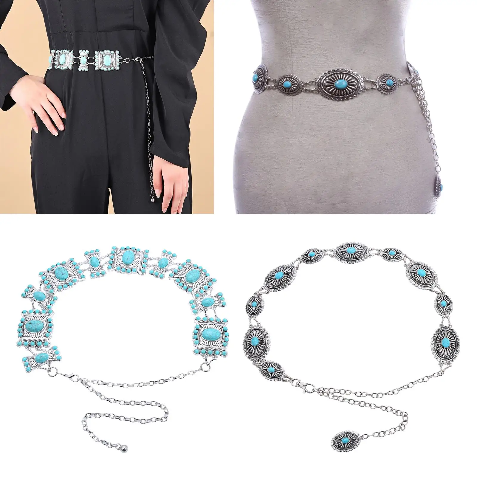  Beach Carved Flower Tribal Tassel Waist Chain Beads Natural Turquoise Chain