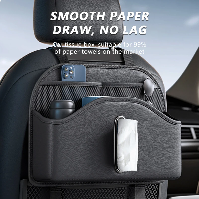 SEAMETAL PU Leather Car Seat Back Organizer Multi-functional Auto Seat Headrest Hanging Storage Bag With Tissue Box Drink Holder — view 6