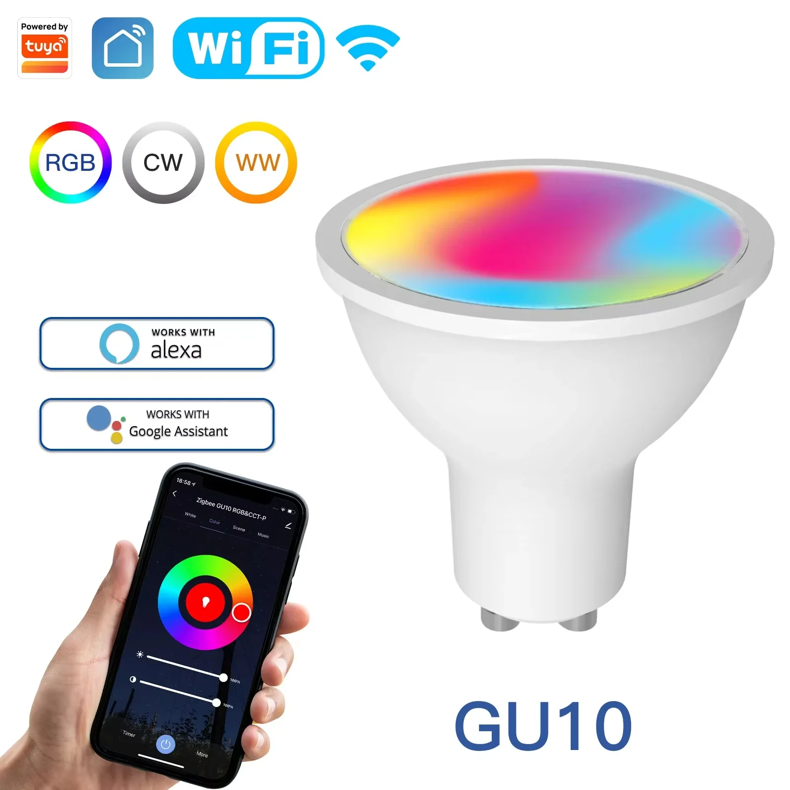 Żarówki LED Smart MOES Tuya ZigBee/WIFI GU10 RGB C+W Białe 5W Ściemnialne Sterowanie Aplikacją Smart Life Kompatybilne z Alexa/Google
