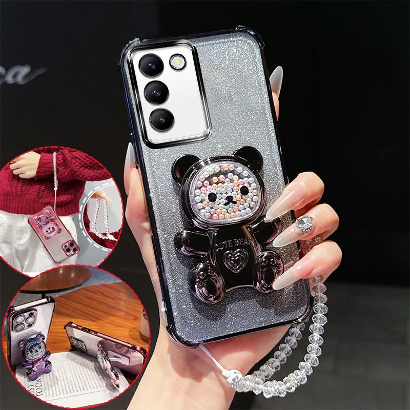 Shockproof Phone Case with 3D Bear Stand and Crystal Glitter Lanyard