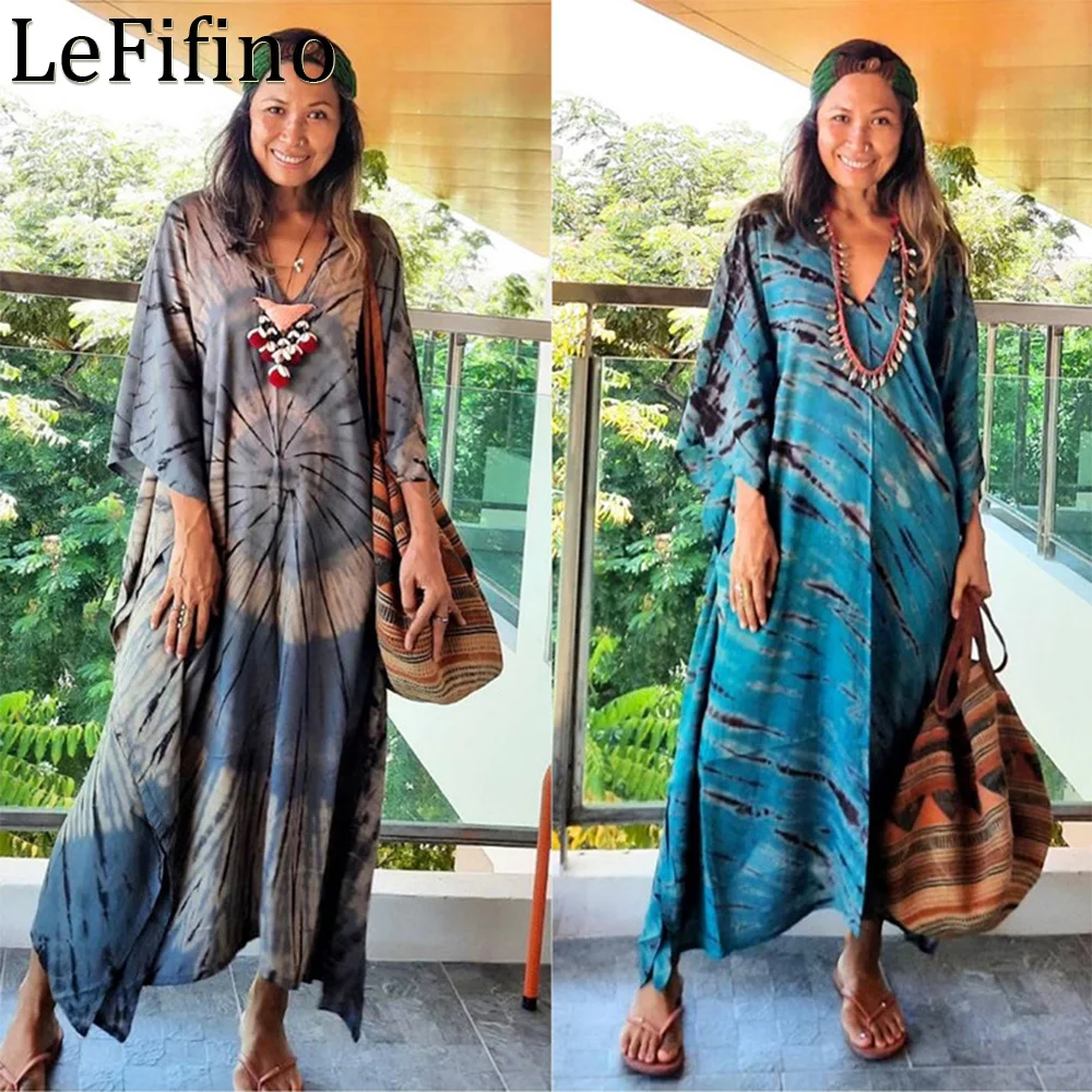 

Hot Selling Fashion Summer Tie Dyed V-neck Cotton Beach Outwear Vacation Long Dress Seaside Sunscreen Coat Bikini Cover Up Women