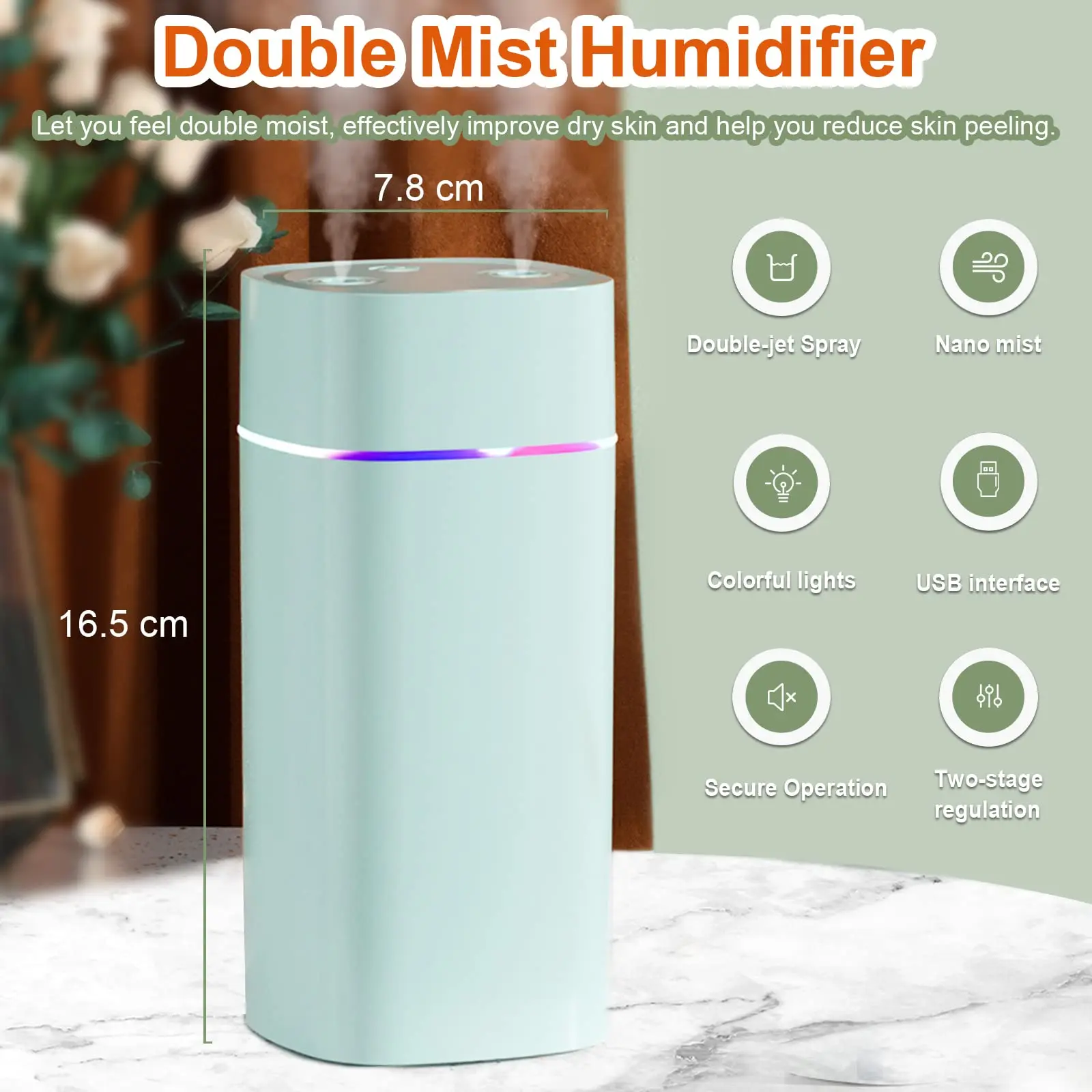 USB Double Spray Humidifier Small Household Mute Large Fog Volume Desktop Car Carrying 600ml Mini Humidifier for Bedroom