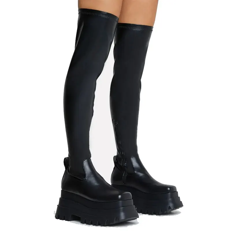 

2022 Winter Women's New Square Head Three layer Waterproof Platform Side Zipper Rome Elastic Knee Length Boots