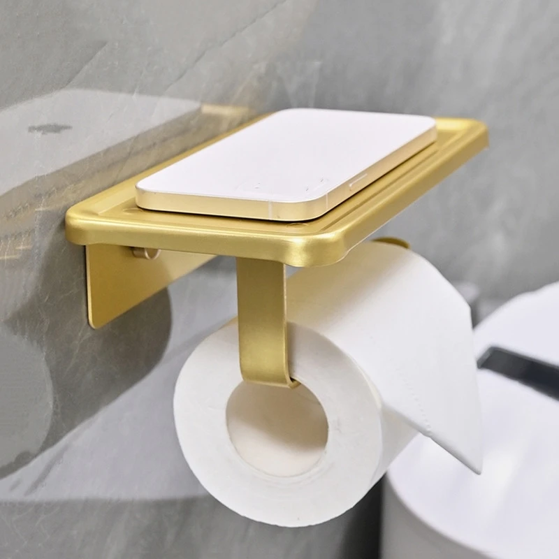 Space Aluminium Gold Toilet Paper Holder 1PC Bathroom Phone Storage Roll Paper Holder Punch/No Punch Wall Mounted Bathroom Shelf