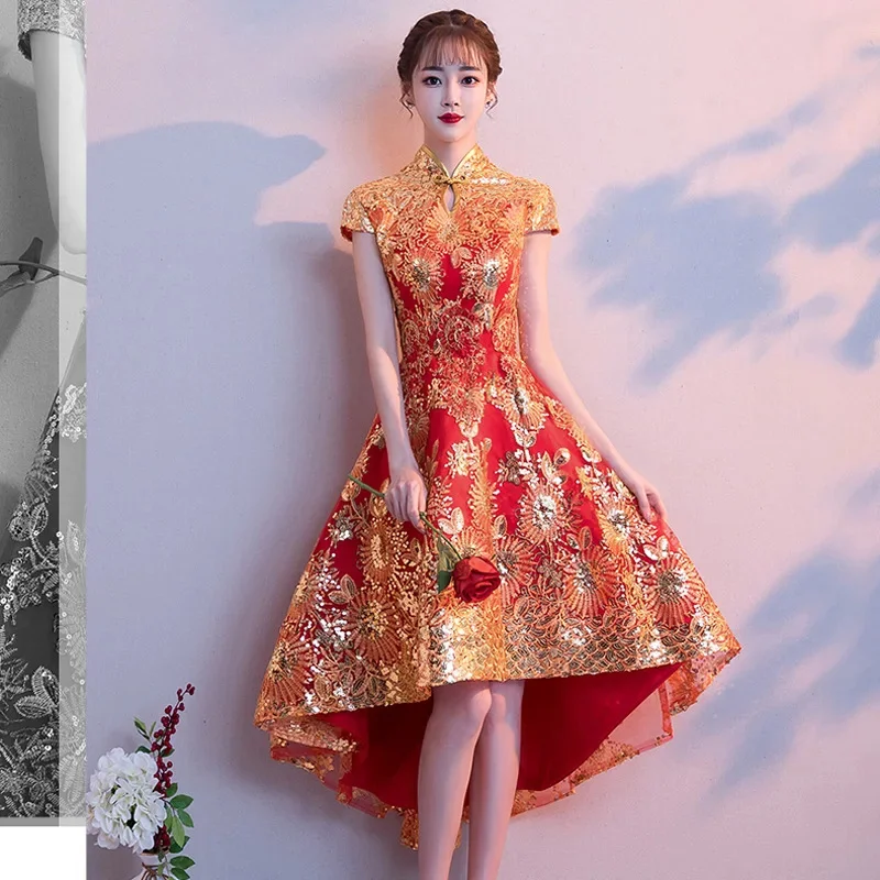 

Bride New Women's Red Chinese Stand-up Collar Slim Gold Sequined Wedding Toast Improved Cheongsam Dress Women