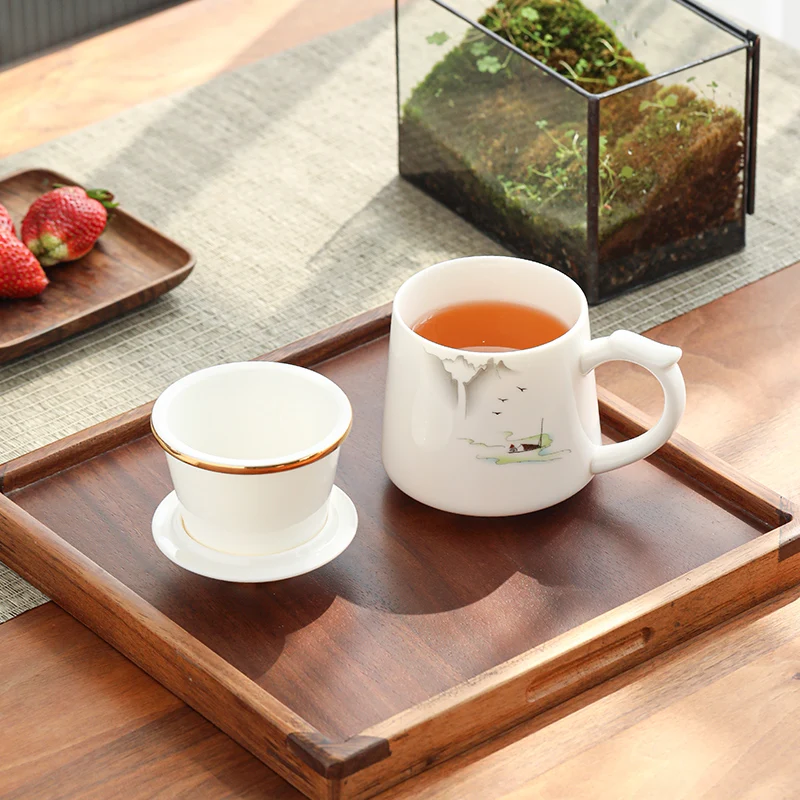 Chinese Style Ceramic Mugs, Home Personal Office Creative Teacup With Cover, Filtered Tea Water Separation, Tea Cups, 400ml, 1Pc