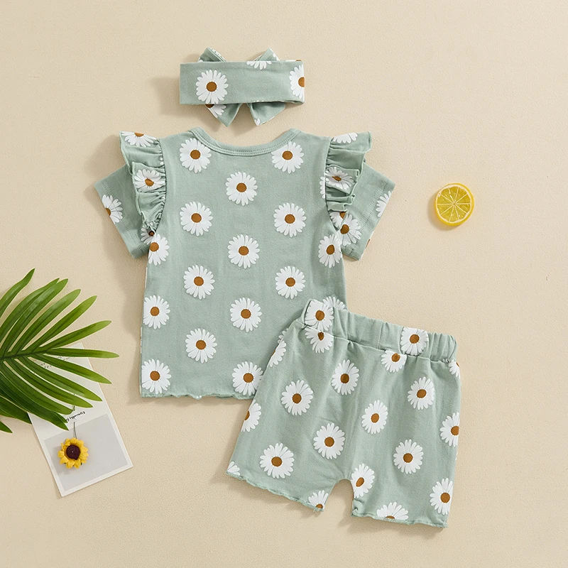 Tenues d'été lioraitiin pour bébés filles, t-shirt à manches courtes imprimé floral et short, ensemble bandeau de sauna mignon, vêtements 3 pièces, 2024-03-25