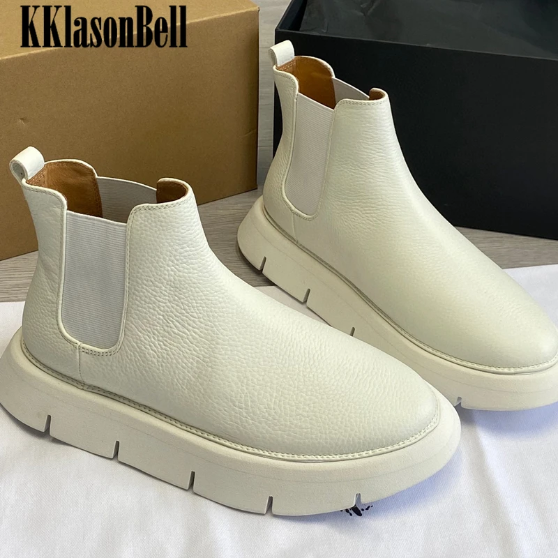 

1.4 KKlasonBell Chelsea Boots Women Fashion Elastic Band Genuine Leather Height Increasing Ankle Boots