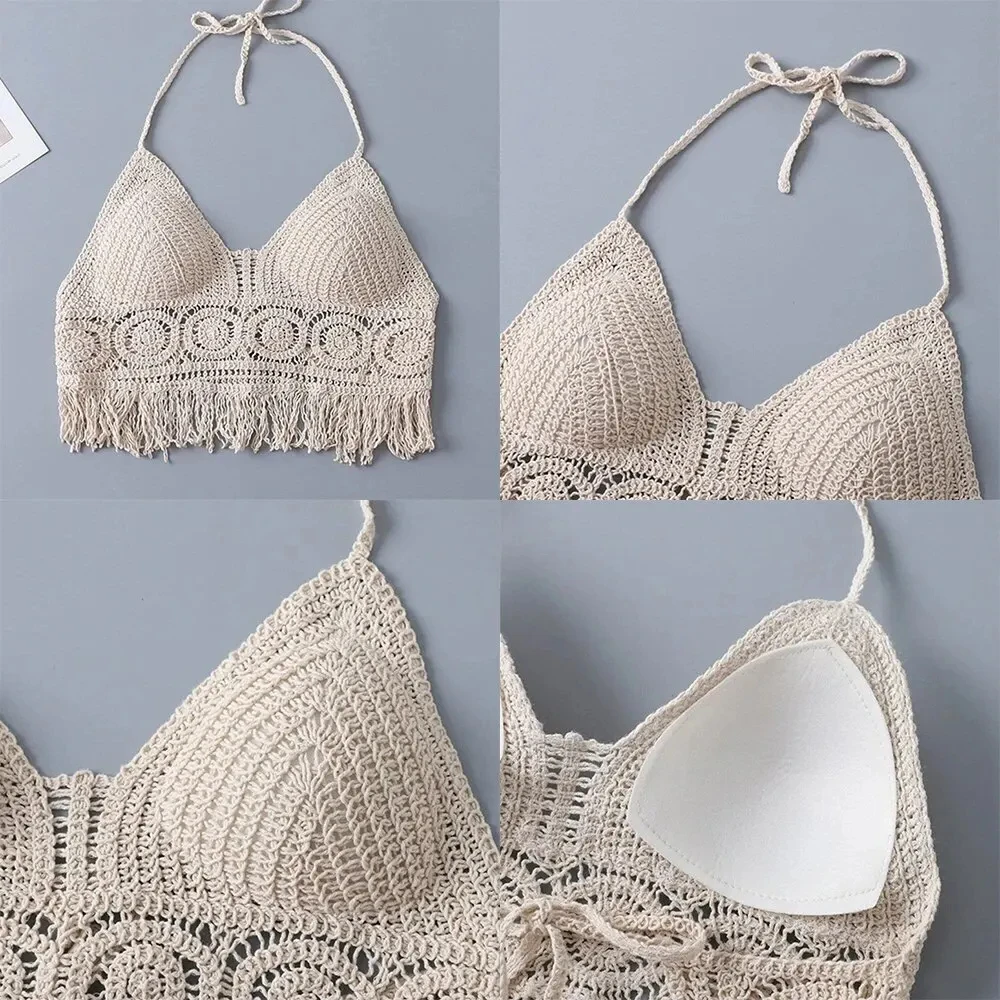 Women Vest Short Tank Boho Fringe Backless Halter Tie Neck Underwear Outerwear Neck Hanging Embroidery Tassel Suspender