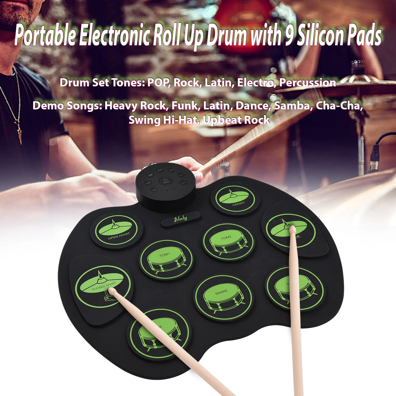 

Btuty Portable Electronic Drums Hand-rolled Silicone Drum Kit USB Battery Powered Touch Sensitive Practice Drum Kit Percussion