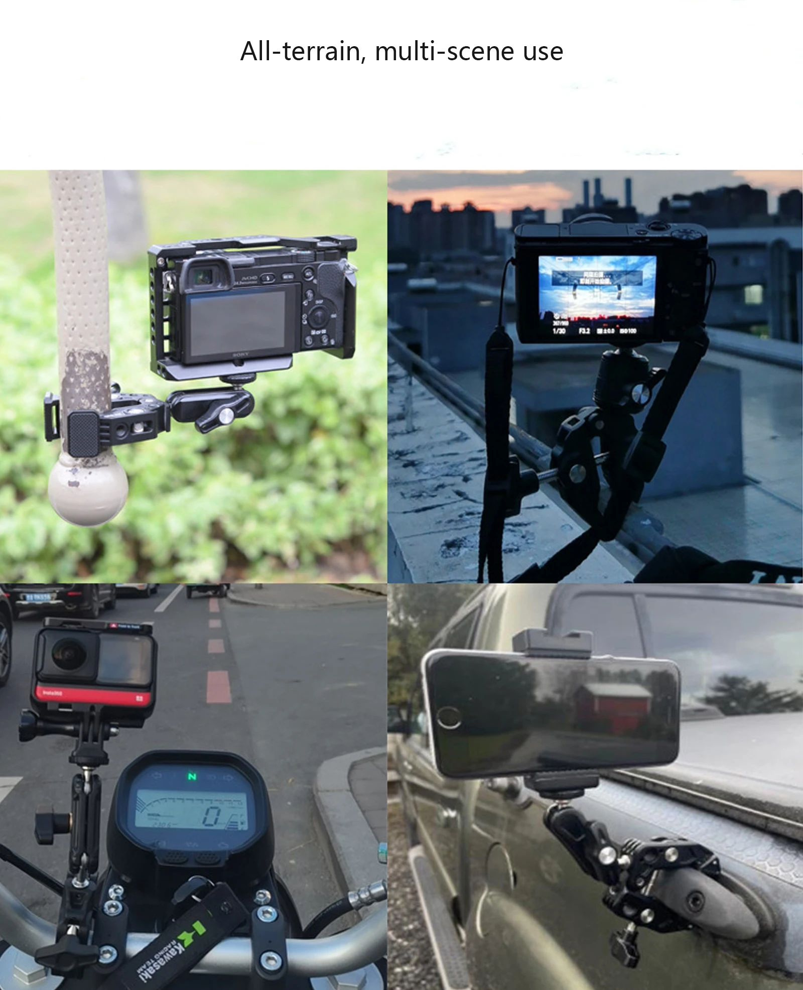 듀얼 볼헤드 매직 암, 콜드 슈, 1/4인치 3/8인치 나사산이 있는 새로운 슈퍼 클램프, GoPro DJI 데스크 삼각대용 폰/액션 카메라 마운트