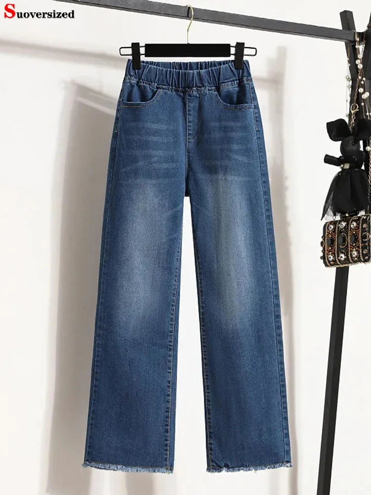 

Casual Elestic High Waist Straight Jeans Ankle Length Baggy Denim Pants Spring Blue Vaqueros Woman Solid Color Trend Jeansy