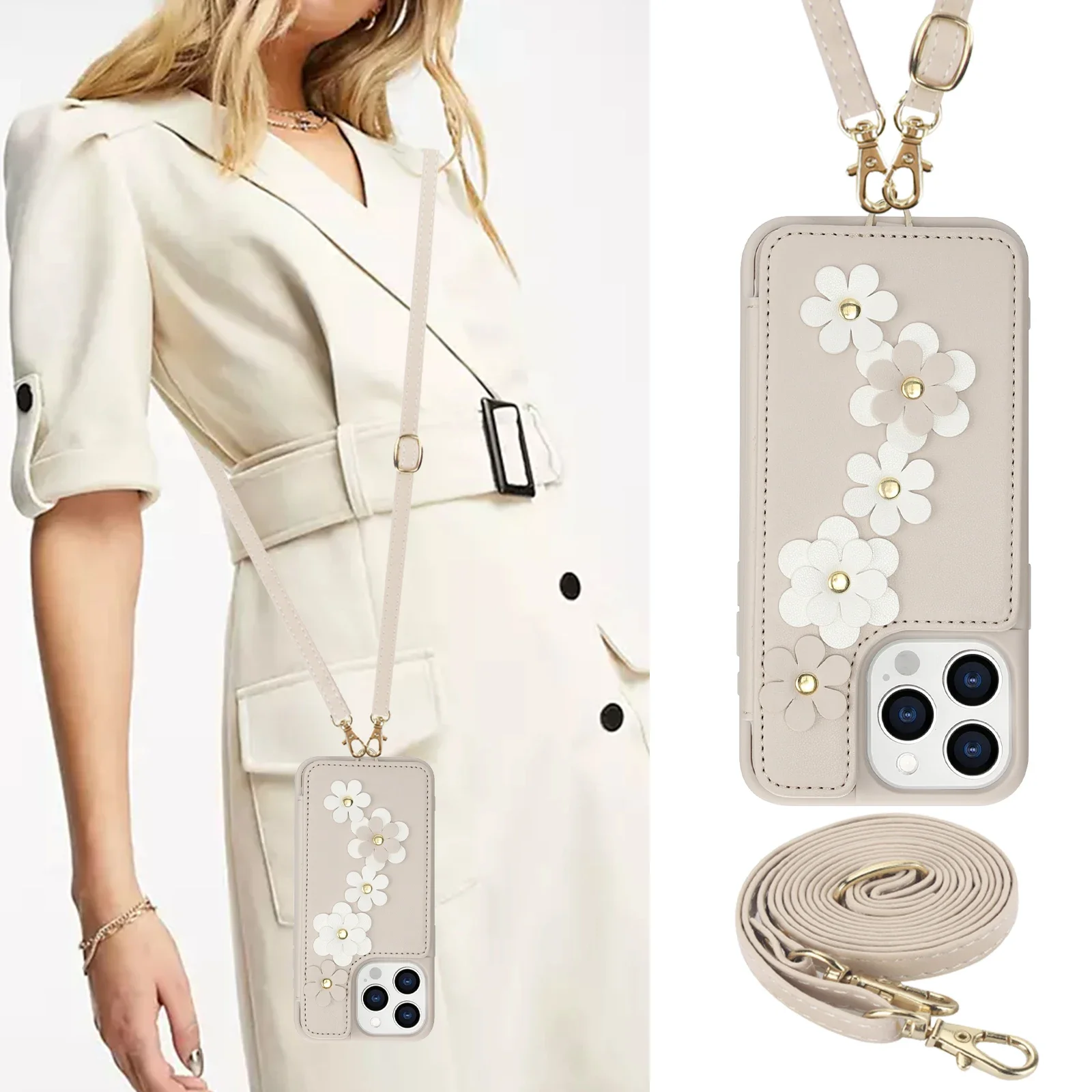 Crossbody Wrist Strap Flower Phone Case for IPhone 16 15 14 13 12 11 Plus Pro Max XS XR X 7 8 Wallet with Card Holder Shell Cover_voghion.com