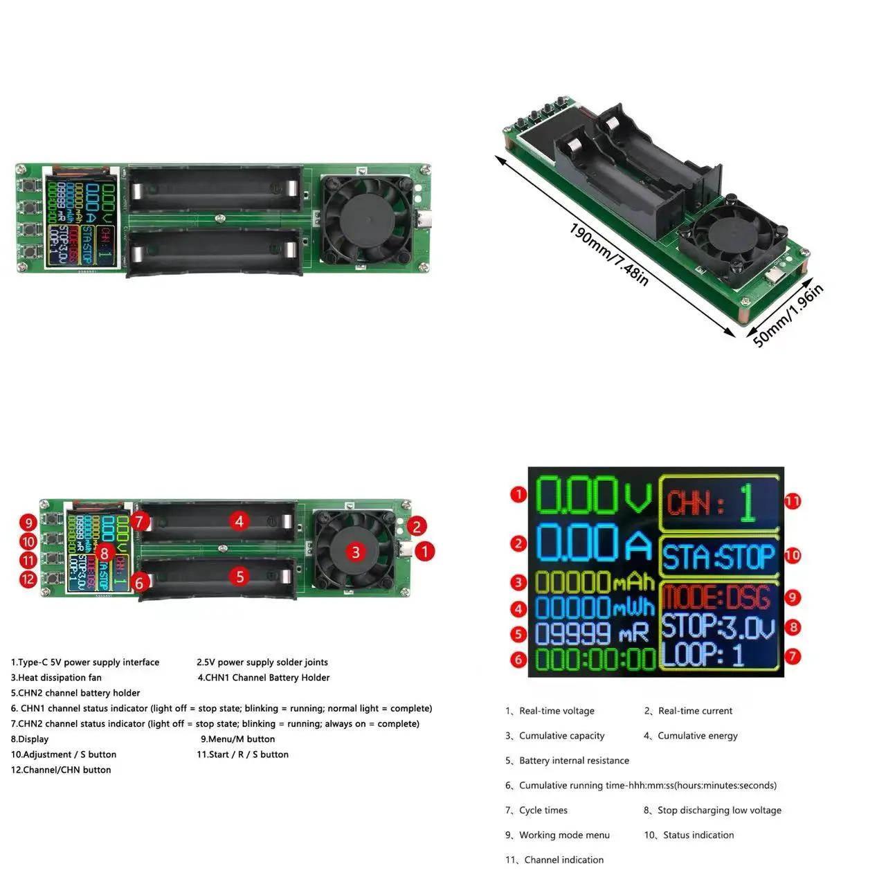 18650 Li-ion Battery Capacity Tester Auto Internal Resistance Tester MAh MWh Digital Battery Power Detection Module 2/4 channels