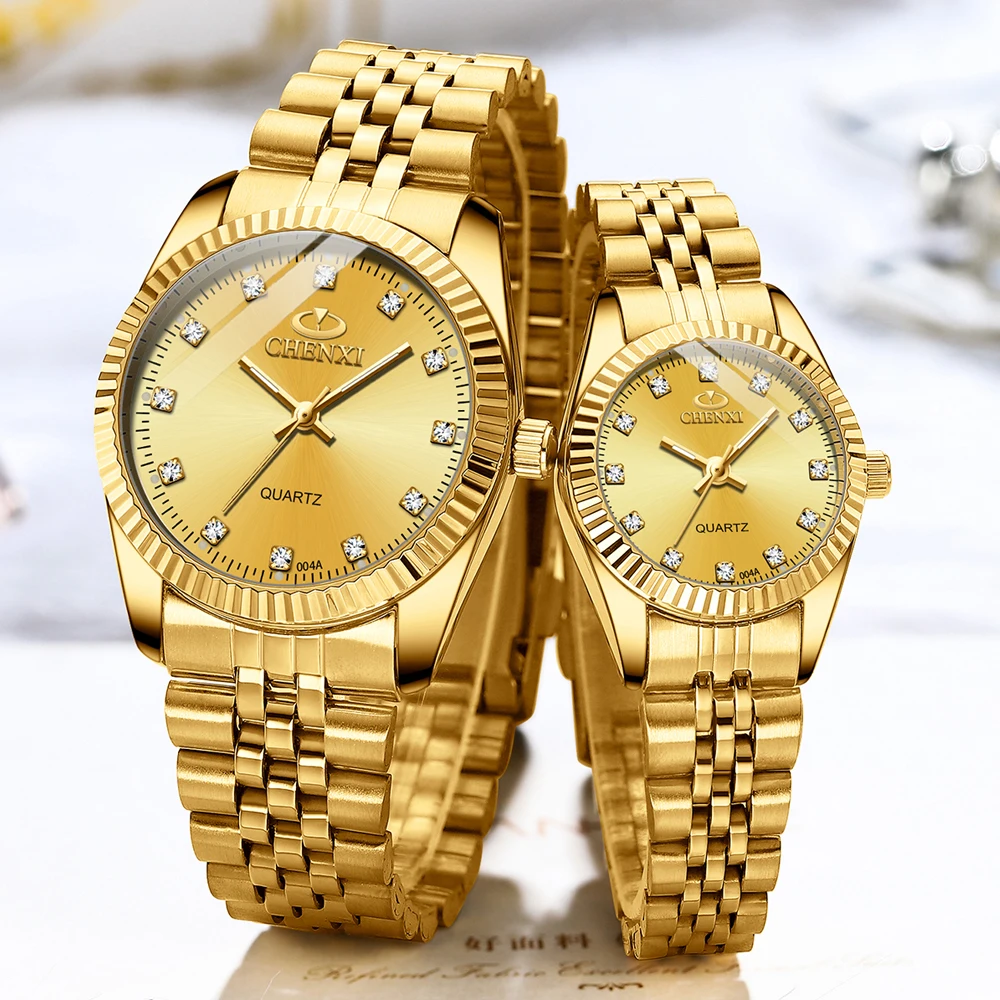 CHENXI Fashion Men Women Watch Luxury Gold Quartz Wrist Watch Waterproof Stainless Steel Couples Clock Casual Mens Watches