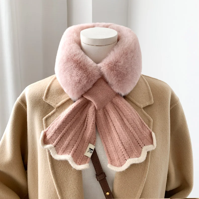Korean Solid Color Faux Rabbit Fur Collar Cross Thicken Plush Scarf Female Winter Outdoor Wool Knit Neck Protect Warm Shawl T15