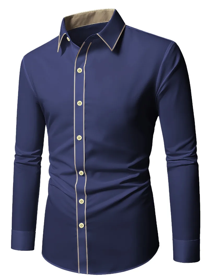 2025 جديد الرجال المرقعة قميص الموضة الفاخرة طويلة الأكمام الذكية عادية أربعة الموسم سهرة رجل مايكرو مطاطا القمصان