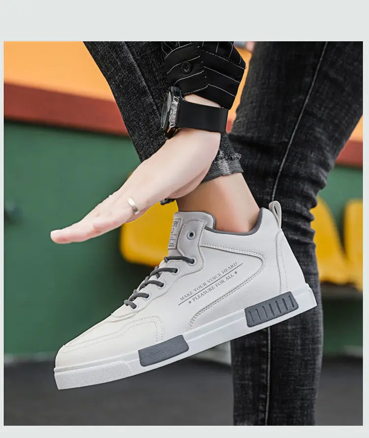 Weiße High-Top-Turnschuhe für Herren, Schnür-Leder-Sportschuhe, große Größe 45, vulkanisierte Herren-Turnschuhe, Tenis-Trainer, männliche Freizeitschuhe – Detail 12